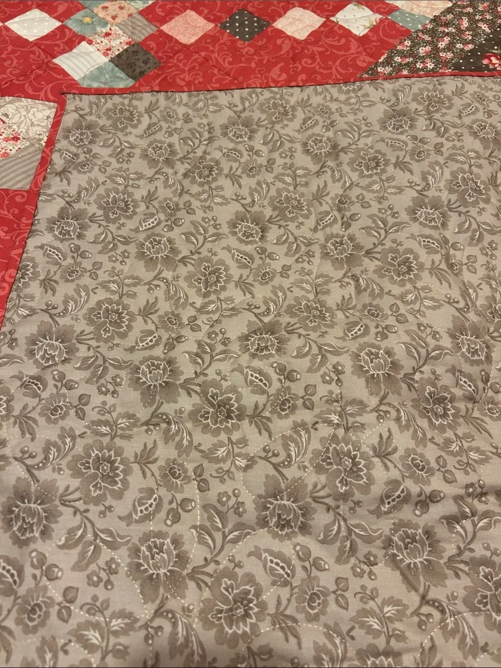 ONE OF A KIND - HANDCRAFTED  Coral and Gray Quilt - Floral